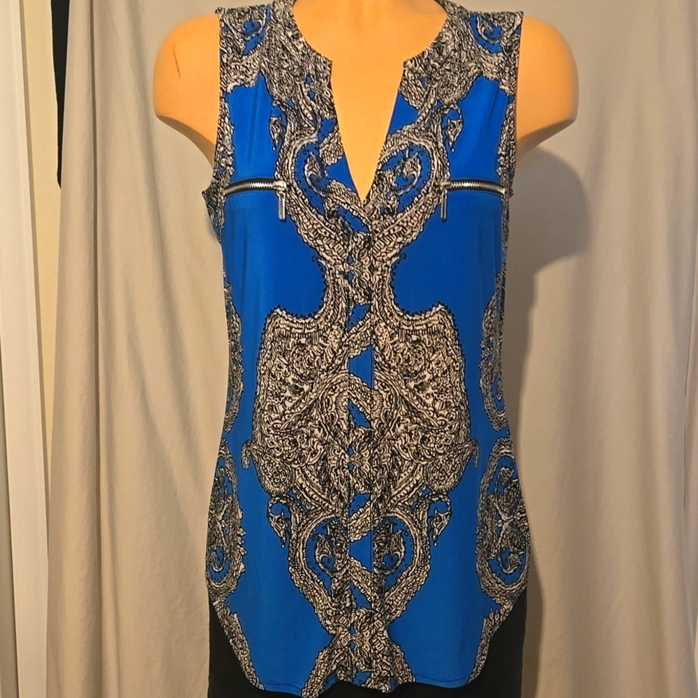 INC Black, Blue, and white sleeveless dressy tank top